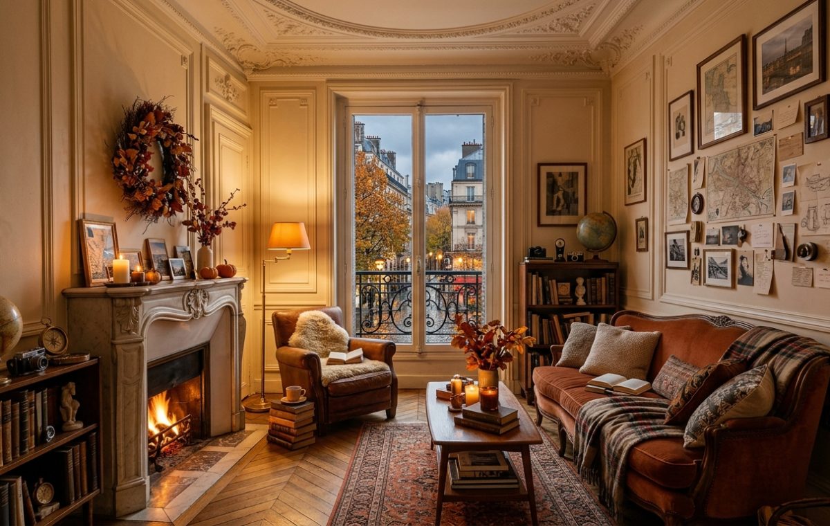 Cozy autumn living room decor featuring a lit fireplace, rust velvet sofa, and warm lighting overlooking a city street.