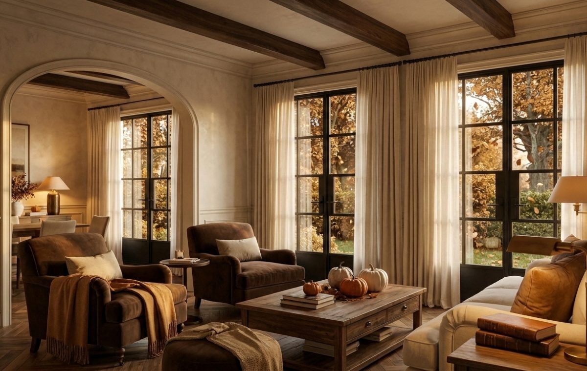 Cozy autumn living room decor featuring velvet armchairs, warm lighting, and a rustic wooden coffee table.