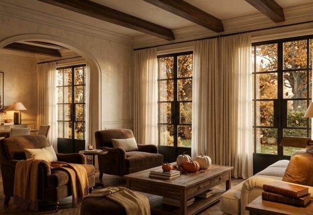 Cozy autumn living room decor featuring velvet armchairs, warm lighting, and a rustic wooden coffee table.