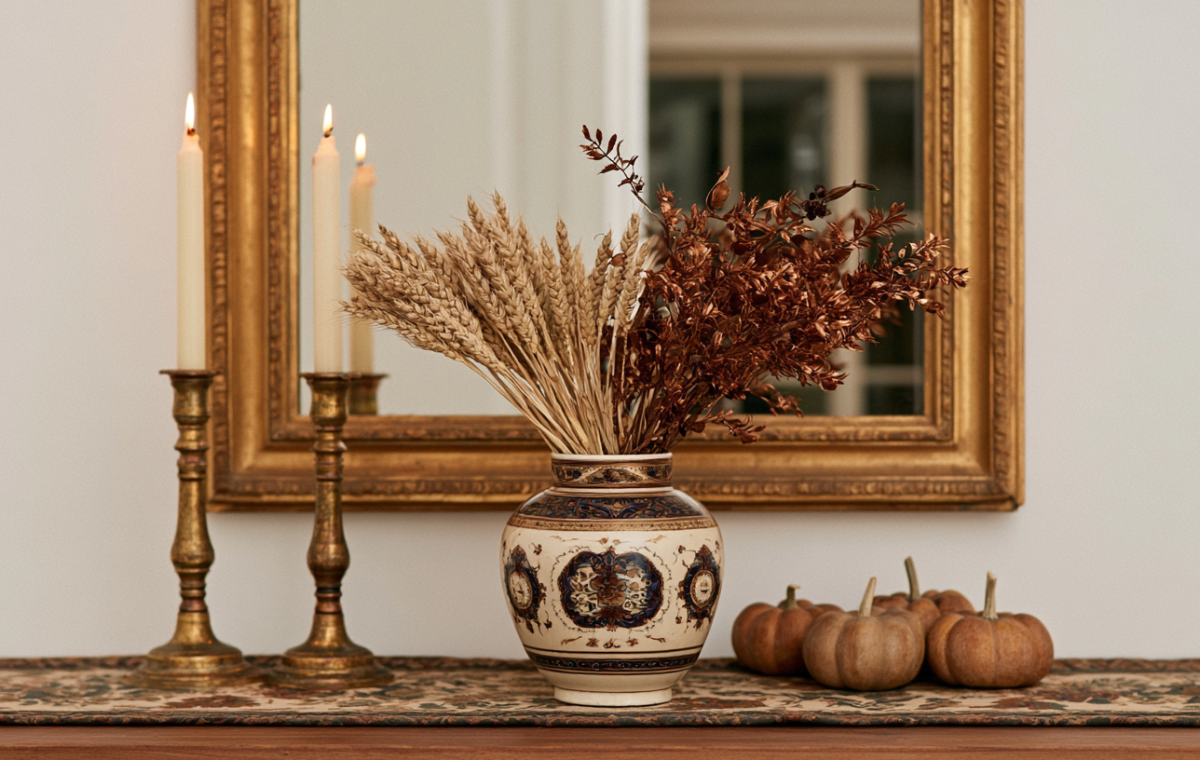 Sophisticated autumn mantel decor featuring dried wheat, brass candlesticks, and small pumpkins.