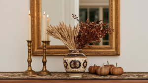 Sophisticated autumn mantel decor featuring dried wheat, brass candlesticks, and small pumpkins.