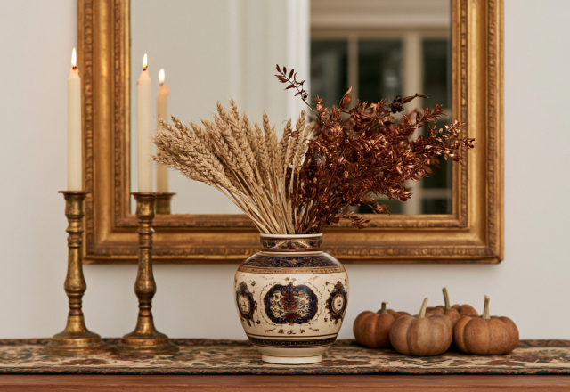 Sophisticated autumn mantel decor featuring dried wheat, brass candlesticks, and small pumpkins.