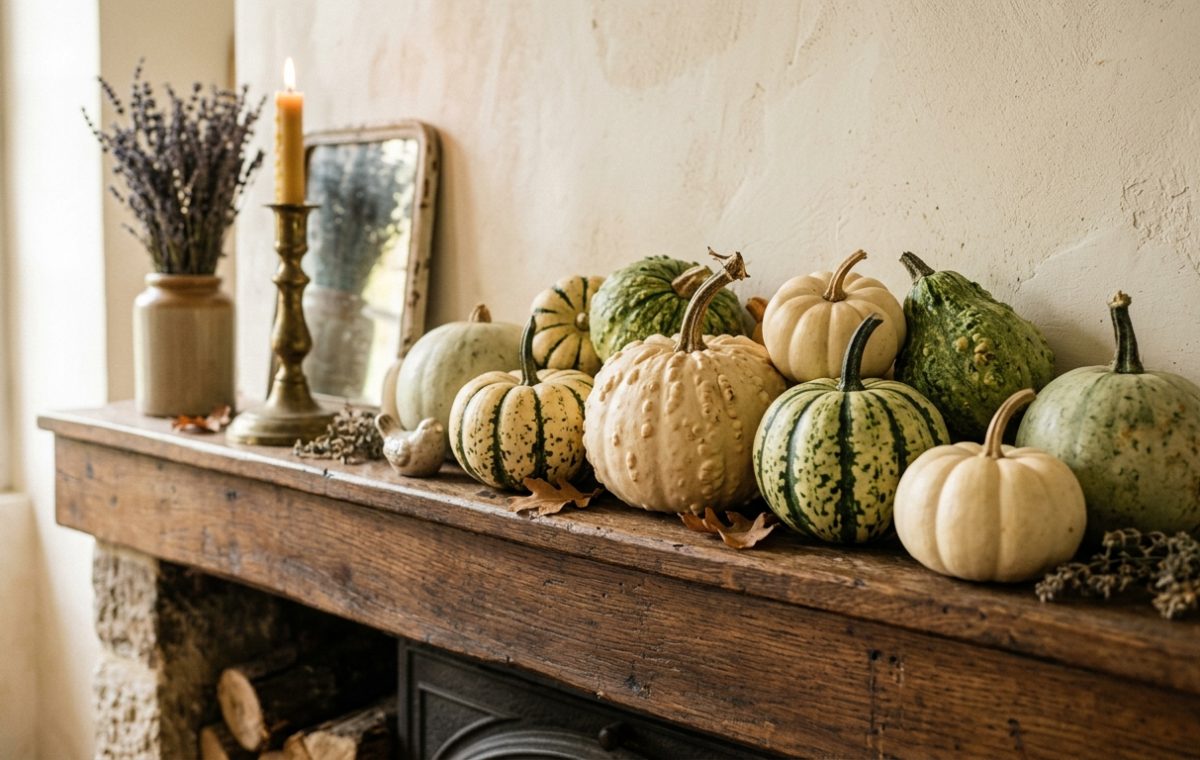 Rustic autumn mantel decor styled with neutral heirloom pumpkins, dried lavender, and a brass candlestick.