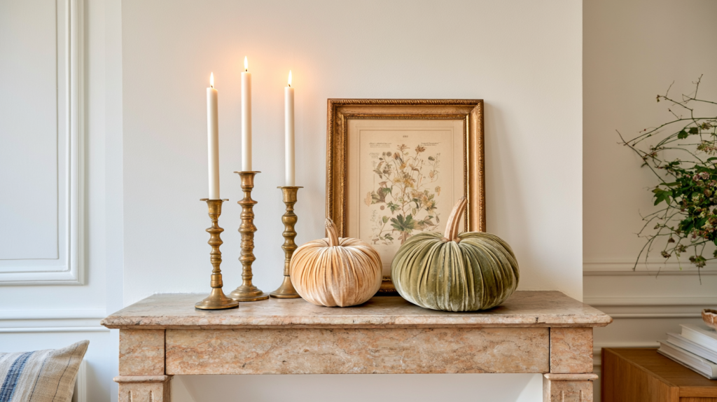 Autumn Mantel Decor Ideas Using Velvet Pumpkins And Brass