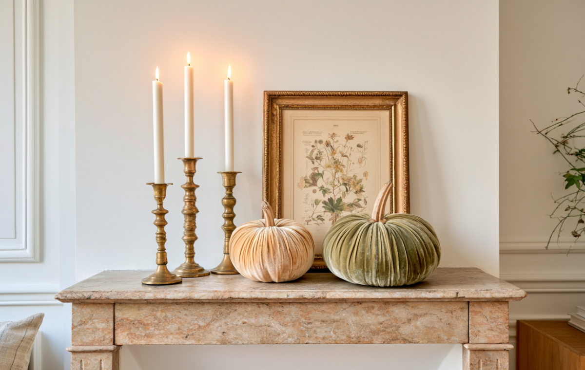 Sophisticated autumn mantel decor featuring velvet pumpkins and brass candlesticks on marble.