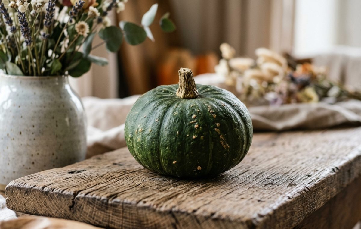 A dark green heirloom pumpkin rests on a rustic wooden plank alongside a ceramic vase filled with dried eucalyptus and wildflowers.