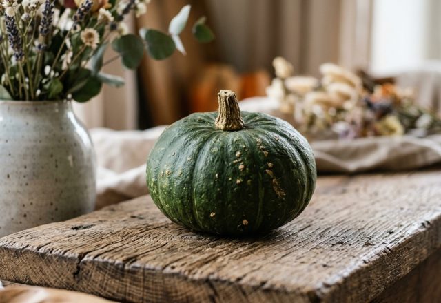 A dark green heirloom pumpkin rests on a rustic wooden plank alongside a ceramic vase filled with dried eucalyptus and wildflowers.