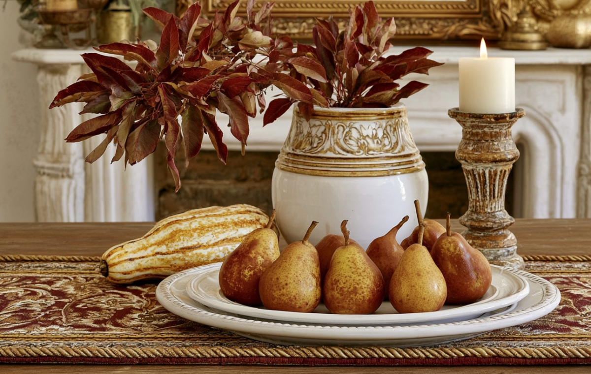 An elegant autumn table centerpiece featuring fresh pears, a striped gourd, and warm candlelight on a rustic wooden table.