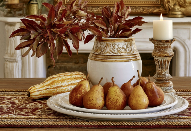 An elegant autumn table centerpiece featuring fresh pears, a striped gourd, and warm candlelight on a rustic wooden table.