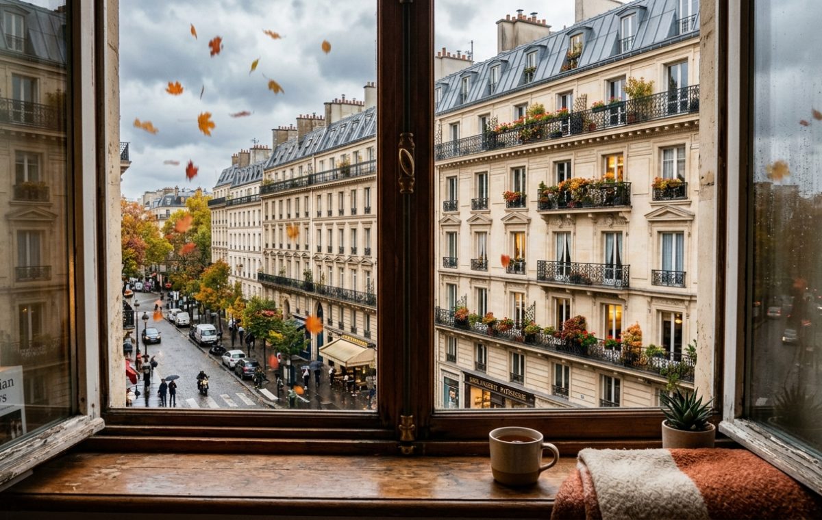 Cozy autumn window view of a Parisian street with a mug and blanket on the wooden sill.
