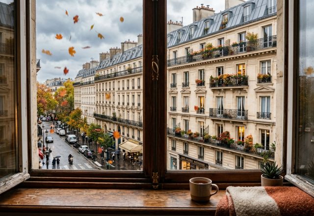 Cozy autumn window view of a Parisian street with a mug and blanket on the wooden sill.