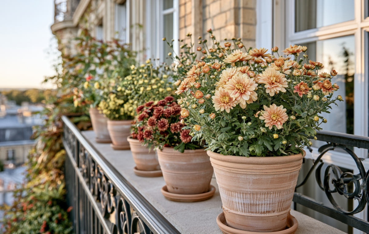 Row of terra cotta pots filled with autumn mums along a wrought-iron balcony railing