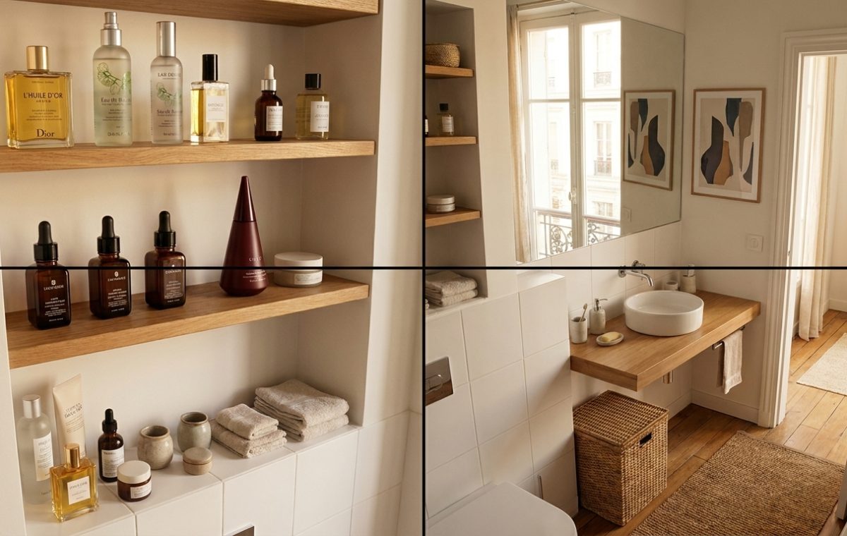 Modern minimalist bathroom floating shelves styled with amber glass bottles and wooden accents