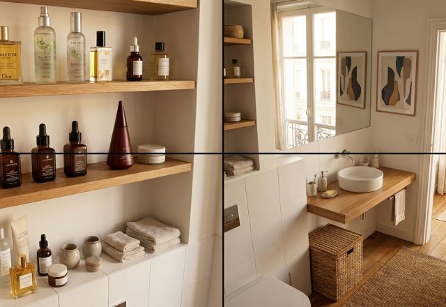 Modern minimalist bathroom floating shelves styled with amber glass bottles and wooden accents