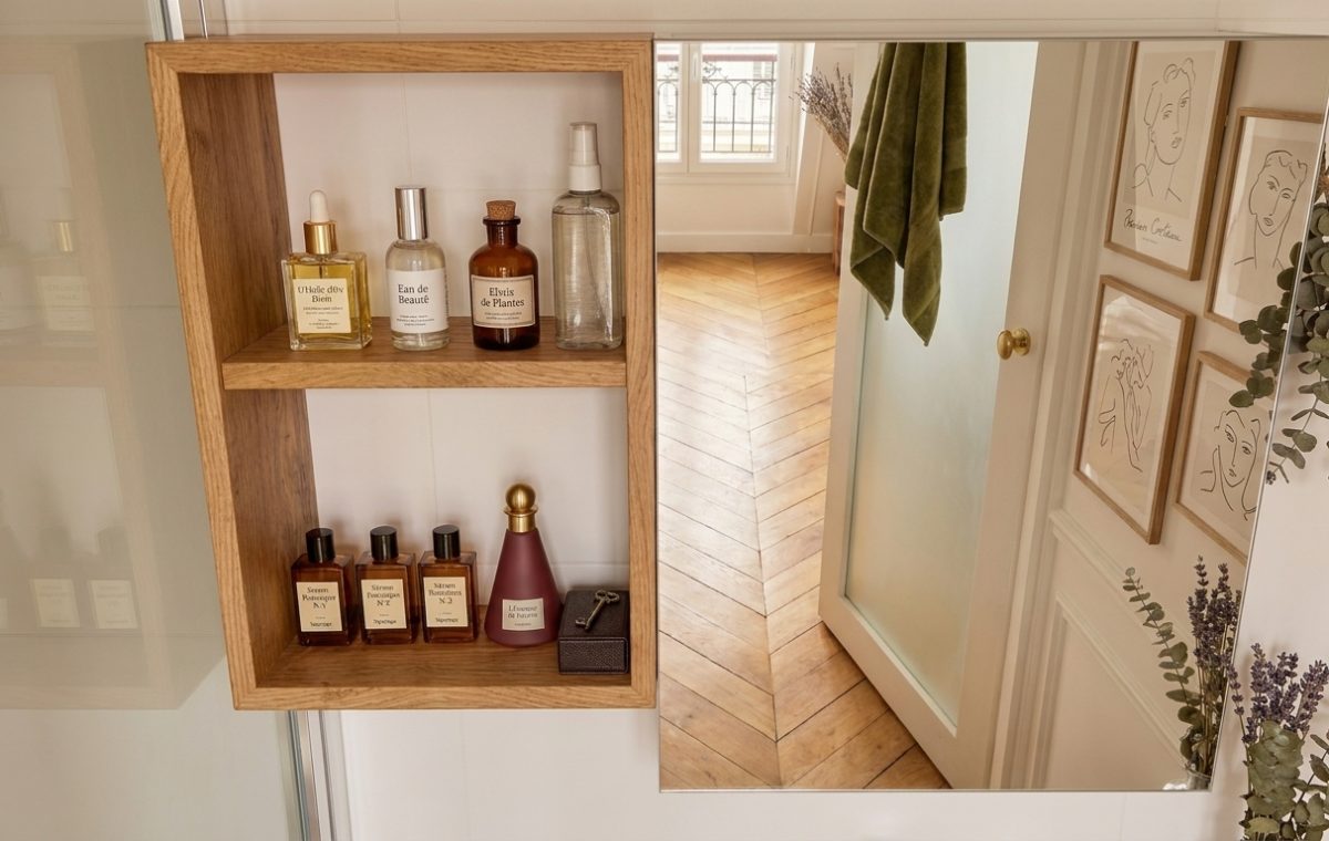 Modern bathroom open shelving featuring wood wall storage, amber glass bottles, and minimalist decor.