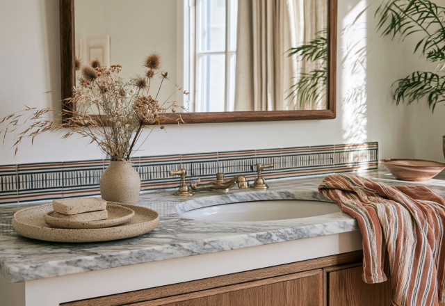A serene bathroom vanity styling featuring a marble countertop, brass faucet, speckled ceramic trays, and a vase with dried botanicals.