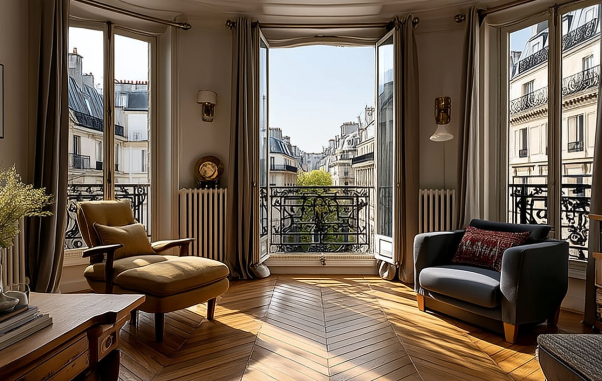 Bright living room with bay window seating, herringbone floors, and open balcony doors overlooking city architecture.