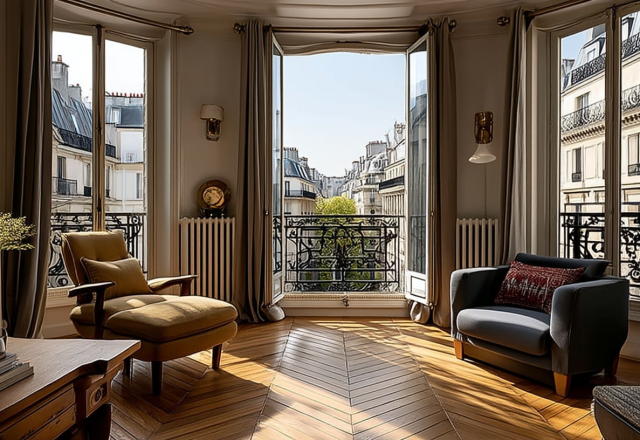 Bright living room with bay window seating, herringbone floors, and open balcony doors overlooking city architecture.