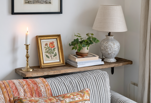 Narrow wooden behind sofa console table styled with a lamp, framed botanical art, and books in a bright living room.