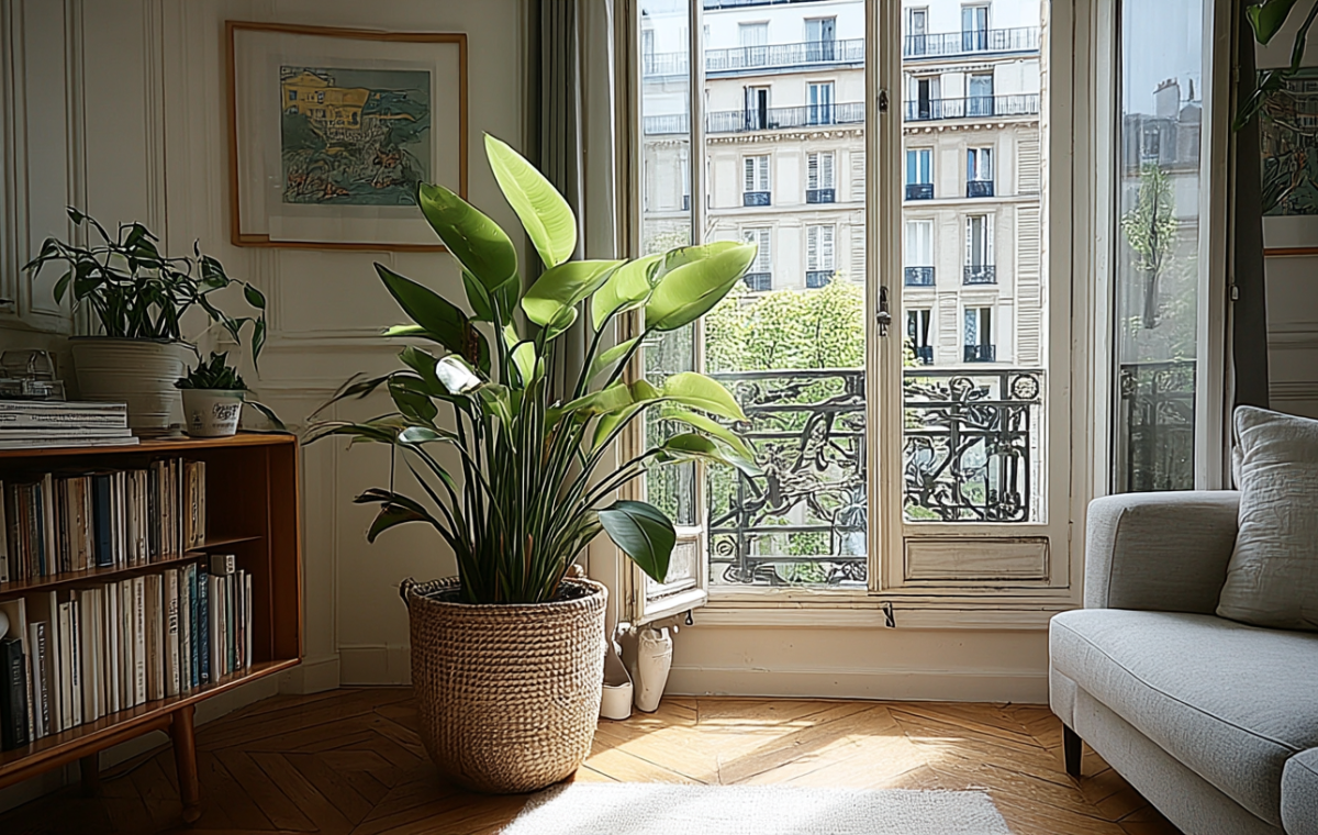 Biophilic living room design featuring a large plant in a woven basket next to tall windows.