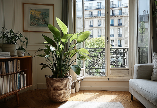Biophilic living room design featuring a large plant in a woven basket next to tall windows.