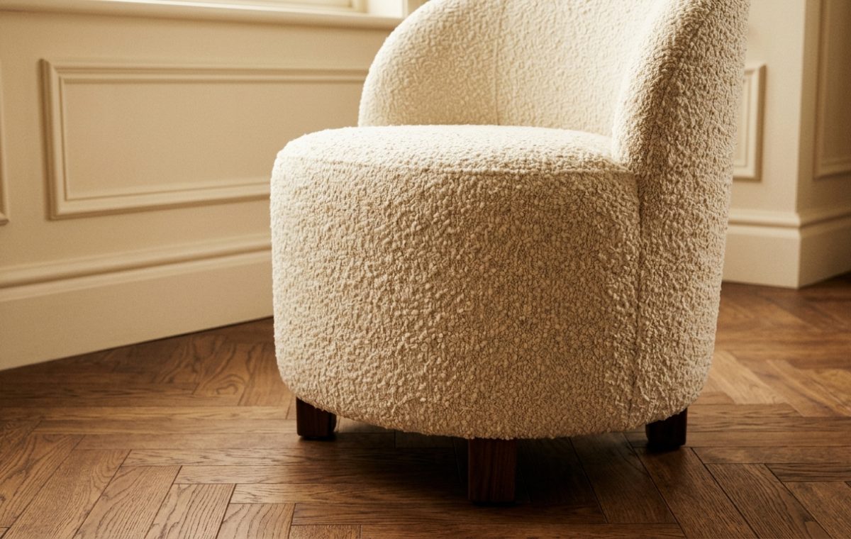 A cozy cream boucle accent chair with dark wooden legs sitting on a herringbone parquet floor.