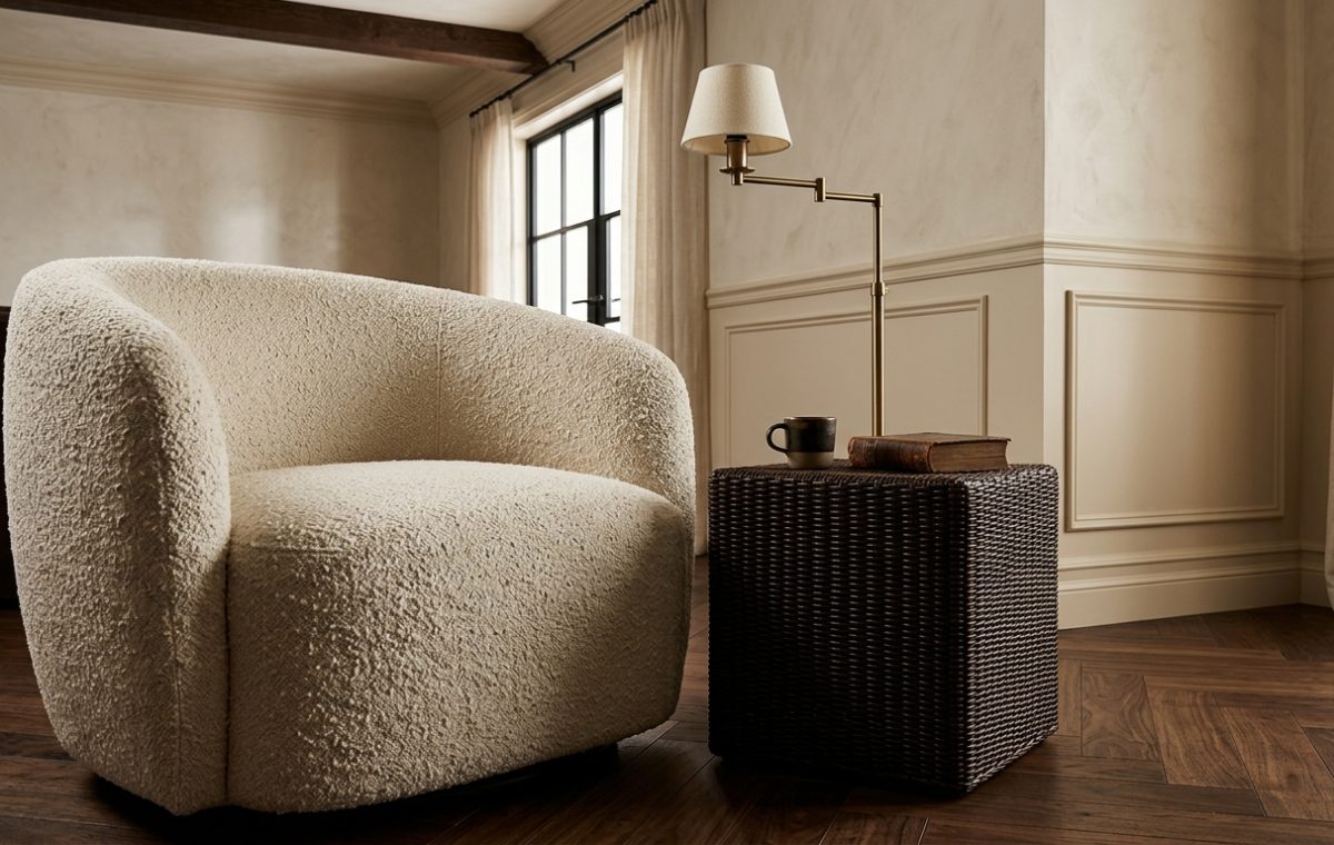 A cozy cream boucle swivel chair next to a dark woven side table and brass lamp in a neutral living room.