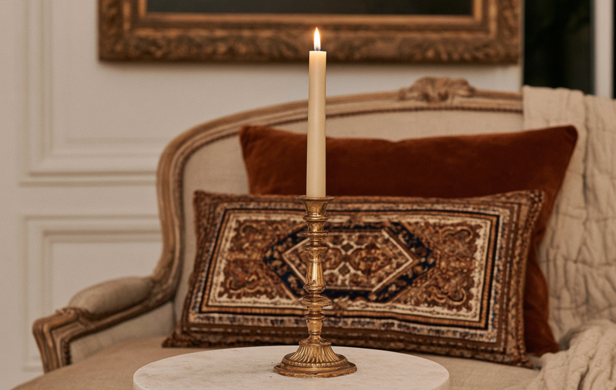 A lit taper candle in a vintage brass candlestick holder on a marble table in a classic living room.