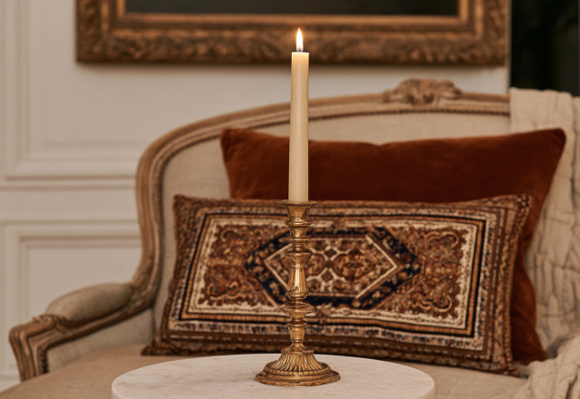 A lit taper candle in a vintage brass candlestick holder on a marble table in a classic living room.