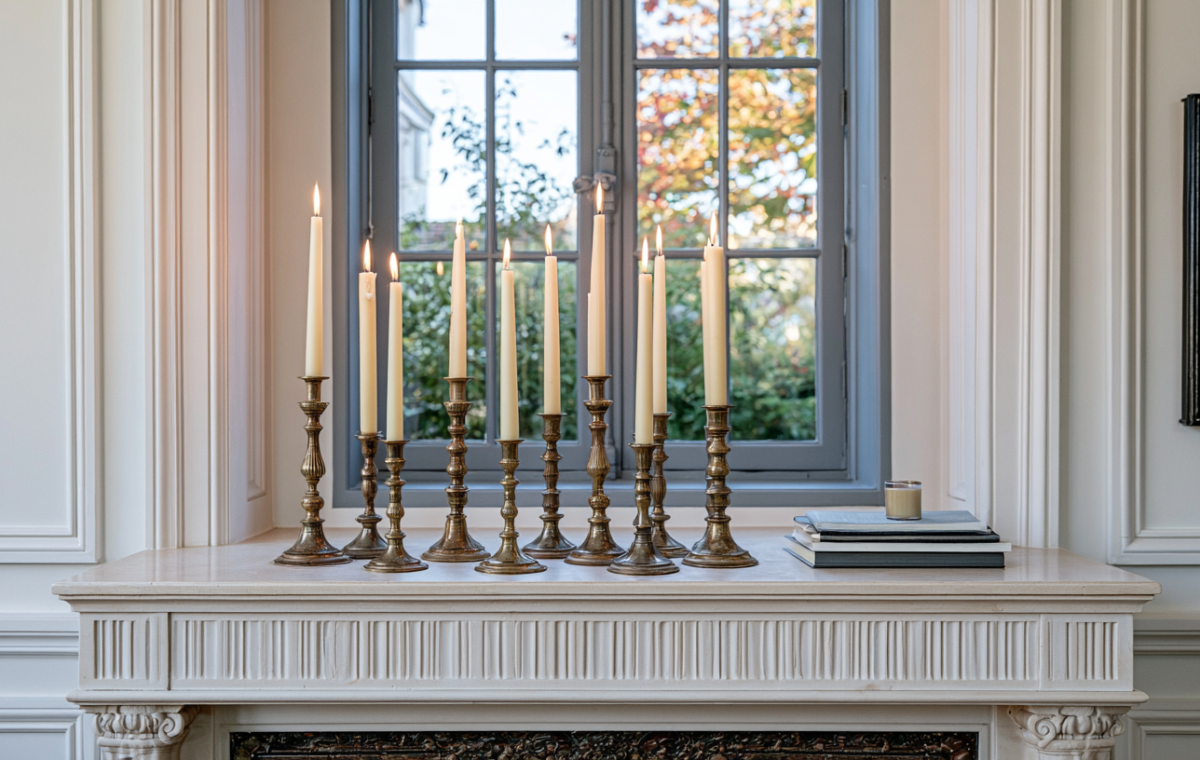 A curated collection of brass candlesticks mantle decor with lit taper candles arranged on a classic stone fireplace ledge.