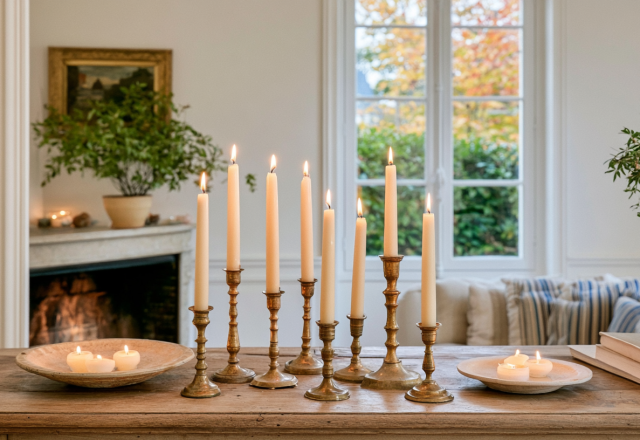 Collection of brass candlesticks in various heights arranged on a rustic wooden table with lit candles.
