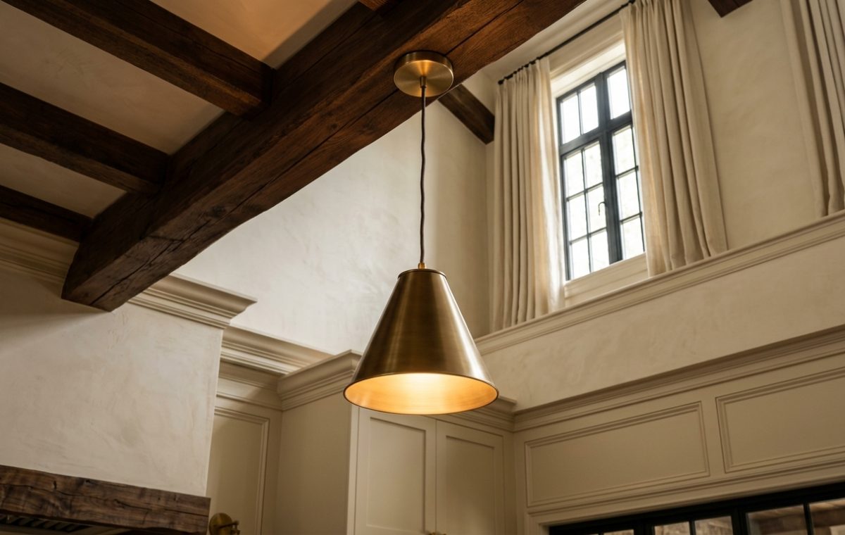 A modern brass pendant light hanging from a vaulted ceiling with dark exposed wood beams in a bright transitional kitchen.