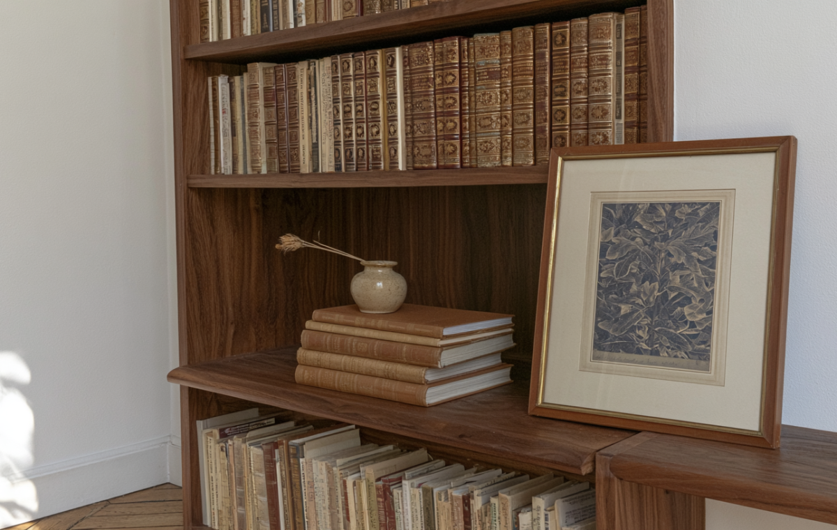 Warm wooden built-in bookshelf styling featuring vintage leather books and a framed botanical art print.