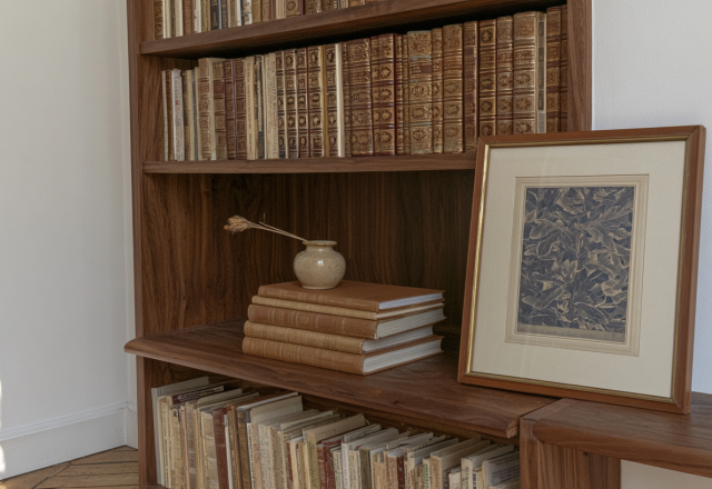 Warm wooden built-in bookshelf styling featuring vintage leather books and a framed botanical art print.