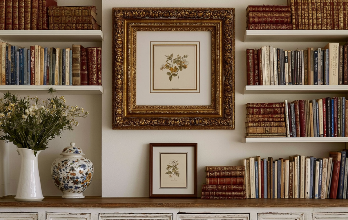 Built-in bookshelves styling featuring vintage leather books, layered framed art, and a white floral pitcher.