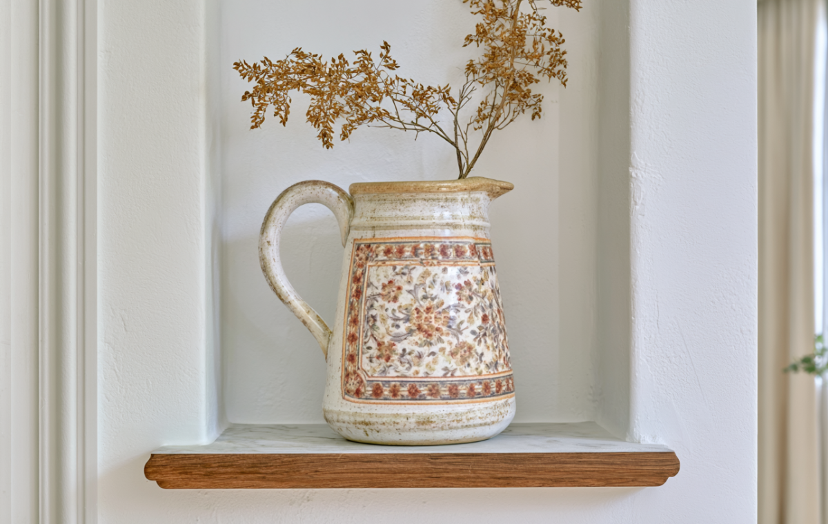 A rustic patterned ceramic pitcher filled with dried botanicals sitting inside a white built-in wall niche on a wood shelf.