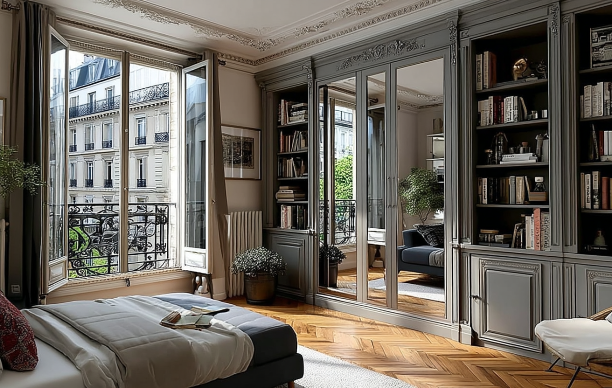 A classic Parisian master bedroom featuring a built-in wardrobe library with floor-to-ceiling bookshelves and mirrored closet doors.