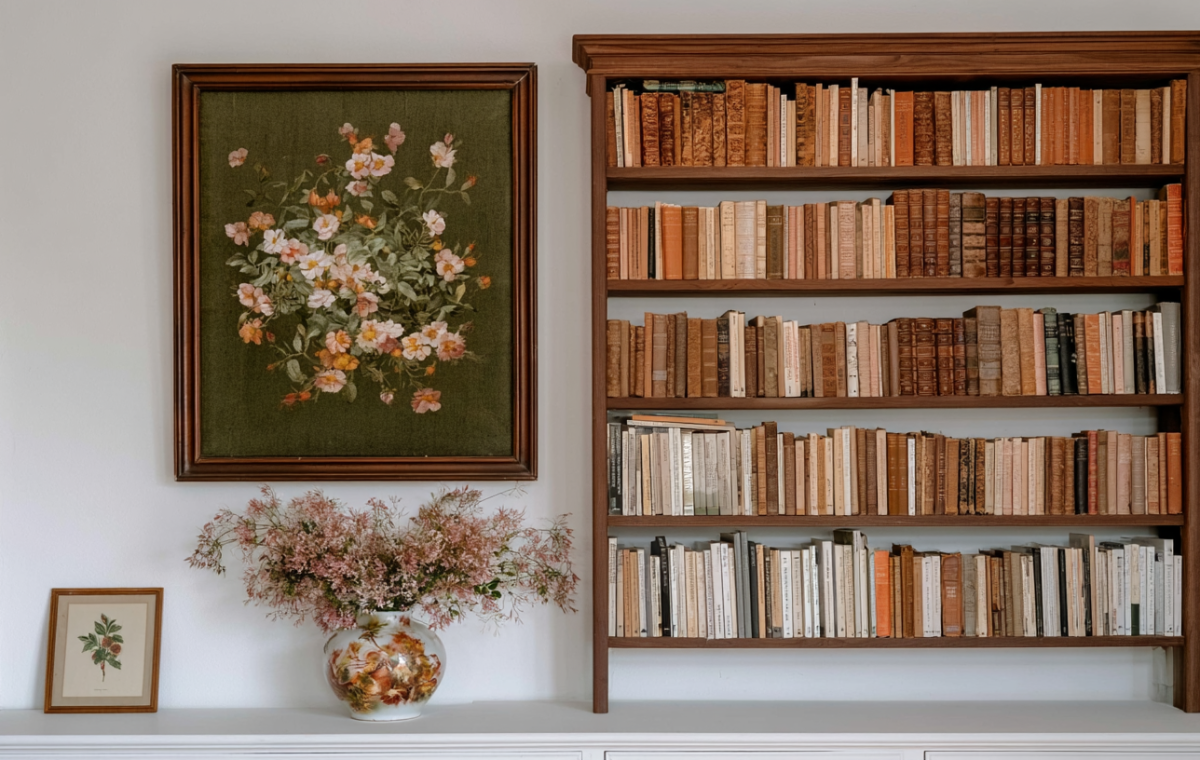 Built-in wooden bookshelf styling with vintage books and botanical wall art