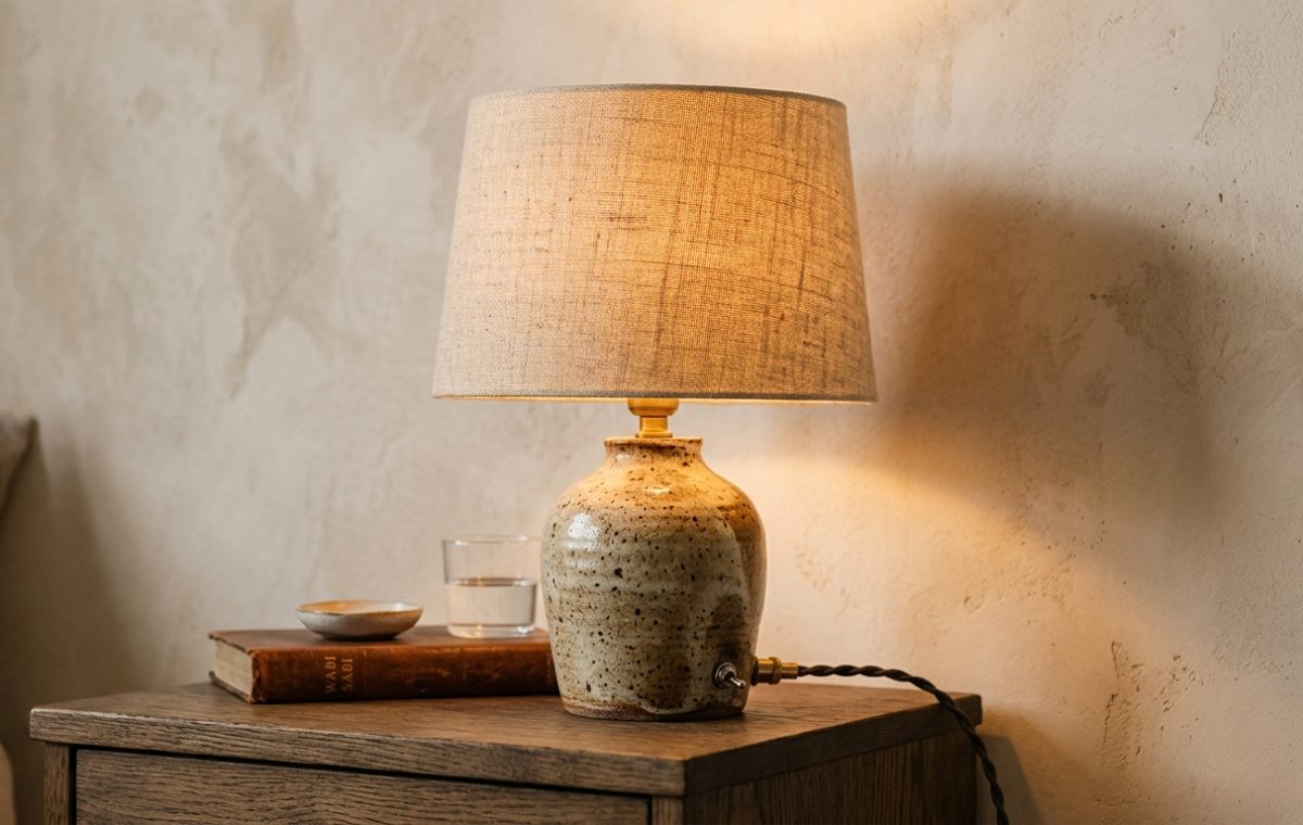 A textured ceramic bedside lamp with a linen shade glowing softly on a wooden nightstand in a neutral room.