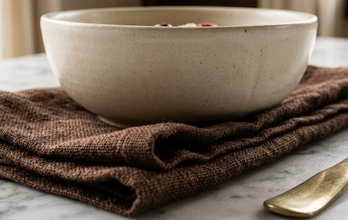 A handcrafted ceramic bowl resting on a brown linen napkin with a brass spoon on a marble table.