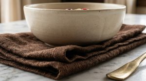 A handcrafted ceramic bowl resting on a brown linen napkin with a brass spoon on a marble table.