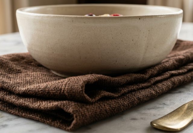 A handcrafted ceramic bowl resting on a brown linen napkin with a brass spoon on a marble table.