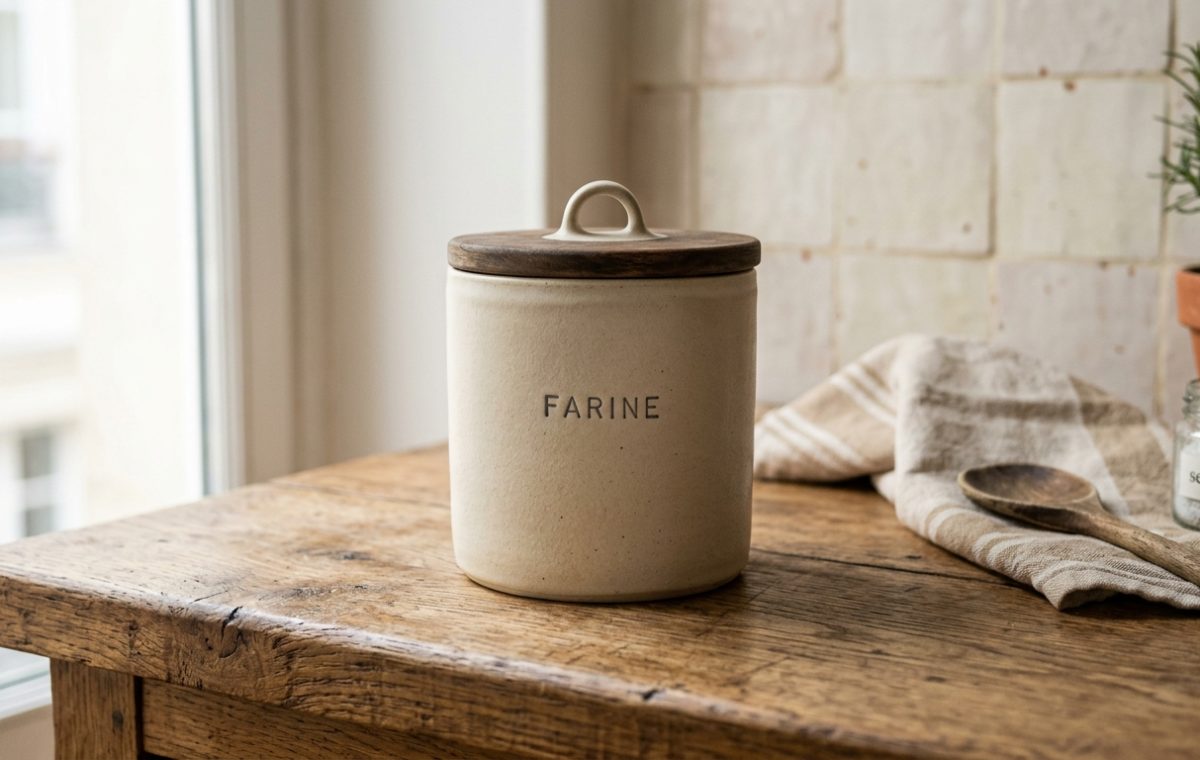 A ceramic flour canister with a wooden lid sits on a rustic wooden kitchen counter next to a tea towel and spoon.