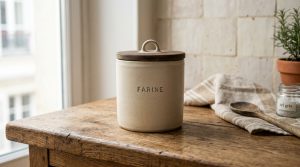A ceramic flour canister with a wooden lid sits on a rustic wooden kitchen counter next to a tea towel and spoon.