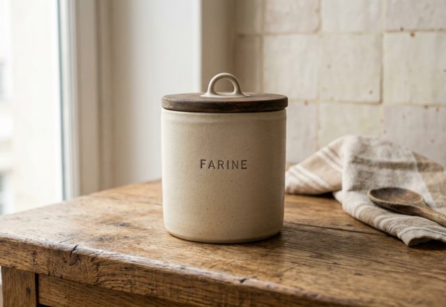 A ceramic flour canister with a wooden lid sits on a rustic wooden kitchen counter next to a tea towel and spoon.