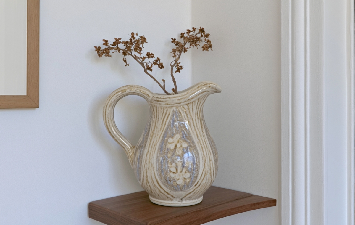 A rustic ceramic jug vase with dried stems on a wooden floating shelf against a white wall.