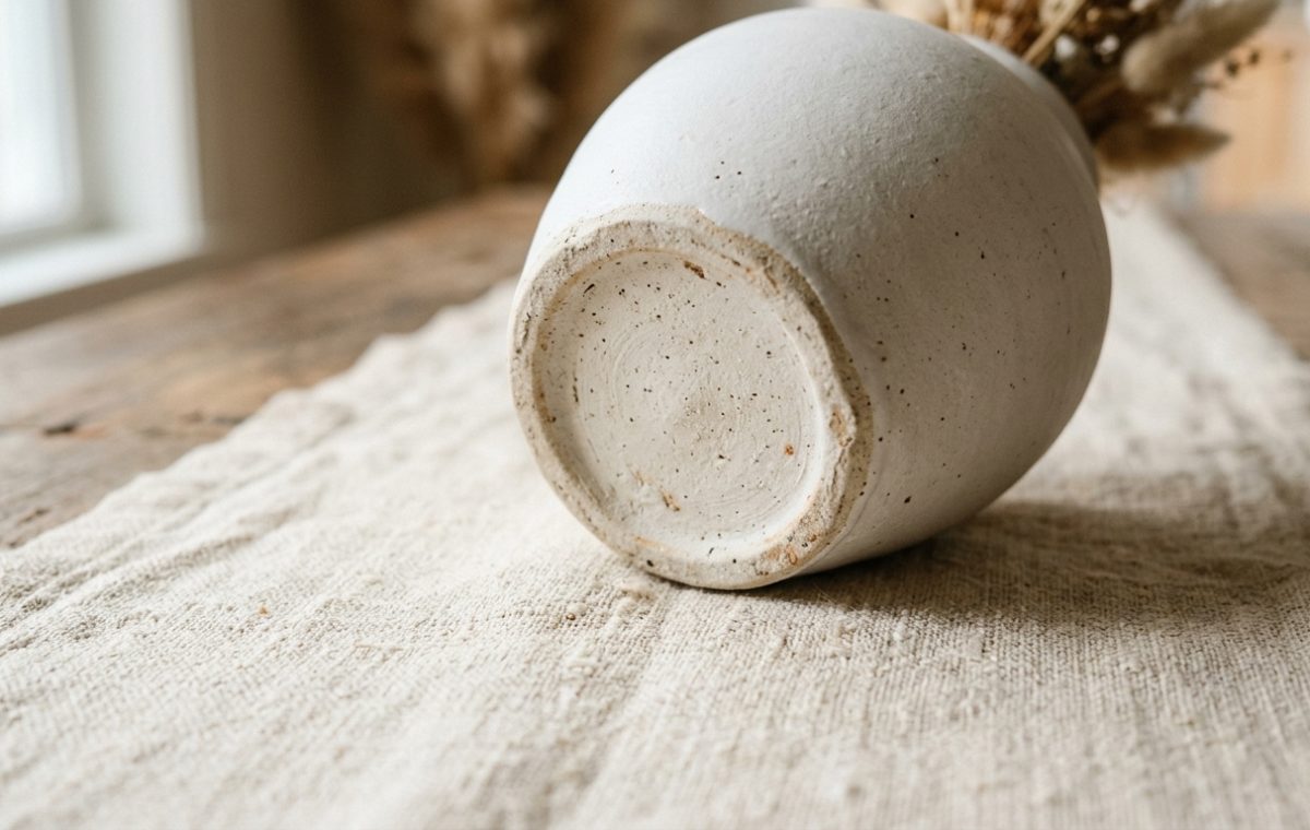 Close-up of a rustic ceramic vase base resting on a textured neutral table runner.