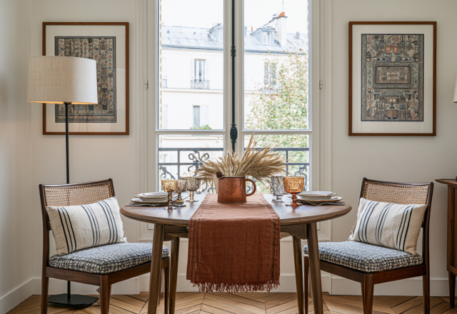 Cozy breakfast nook decor featuring a round wooden table, black chairs, and dried wheat centerpiece.