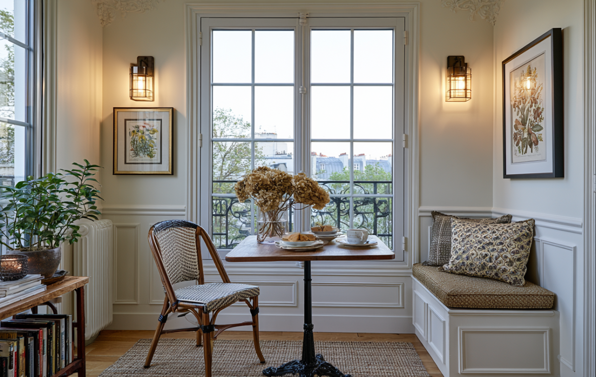 Cozy breakfast nook featuring a built-in banquette bench, bistro chair, and large windows.
