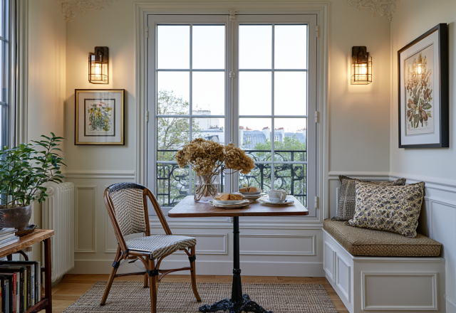 Cozy breakfast nook featuring a built-in banquette bench, bistro chair, and large windows.
